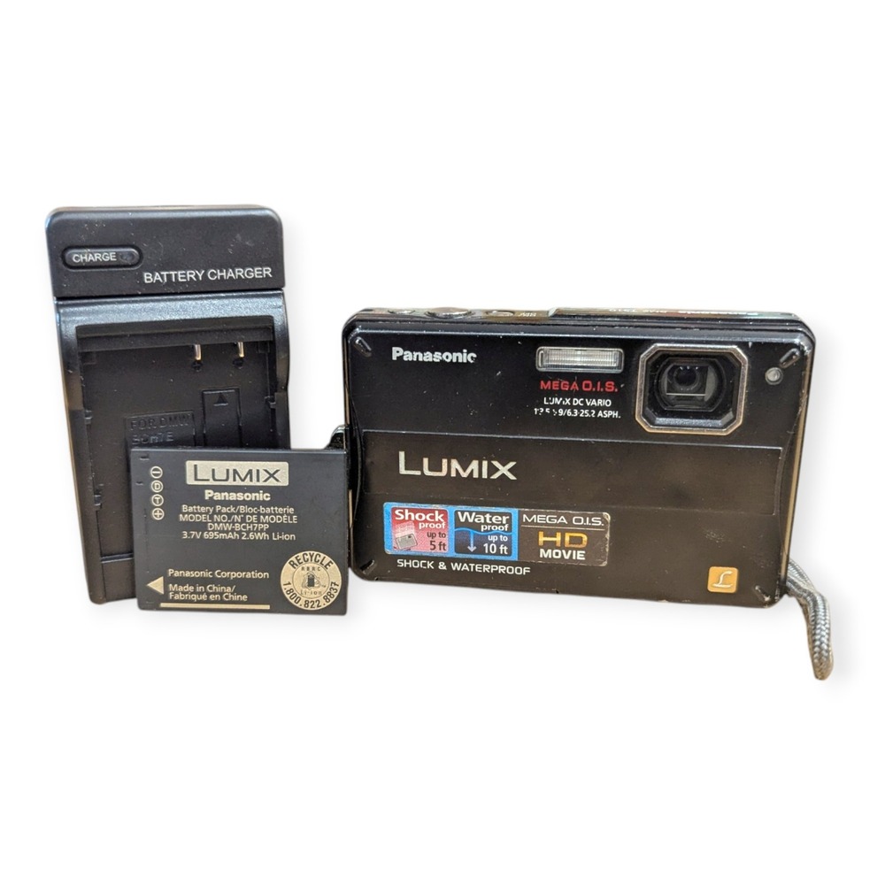 Panasonic Lumix DMC-TS10 14.1MP Waterproof Digital Camera Black Charger Battery
